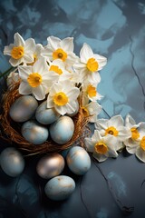 Easter eggs with spring flowers. Festive background, greeting card idea