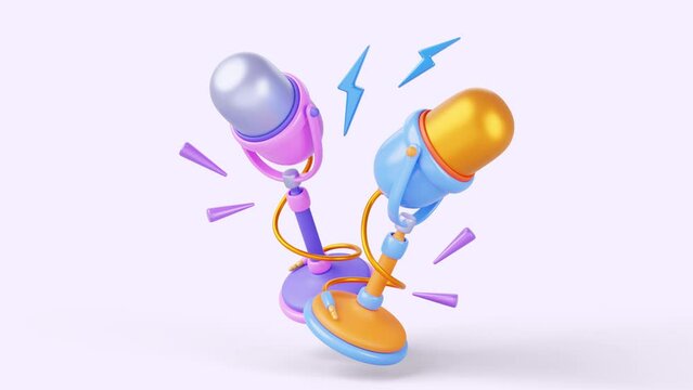 Microphones with lightning flashes 3d animation rotating render. Isolated color mics turning around for broadcast, podcast, stream, karaoke party, music radio or stand up show, Cartoon ad background.