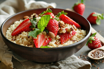 A bowl of couscous topped with fresh strawberries, nuts, and seeds