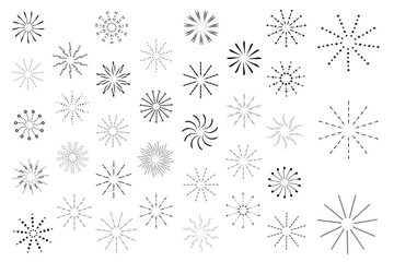 Sunburst vintage retro radial stripes element. Sunburst sunset icon. Set of brutalism figure shapes, minimalist geometric elements, star flower, fireworks frame design. Thin linear sun rays.