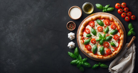 Une délicieuse pizza tomate mozzarella basilic avec des couverts et une serviette vue de dessus sur un fond en ardoise - obrazy, fototapety, plakaty