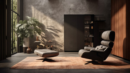 A modern living room with textured walls, an accent chair, and a glossy black media console