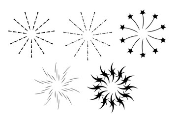 Fototapeta premium Sunburst vintage retro radial stripes element. Sunburst sunset icon. Set of brutalism figure shapes, minimalist geometric elements, star flower, fireworks frame design. Thin linear sun rays.