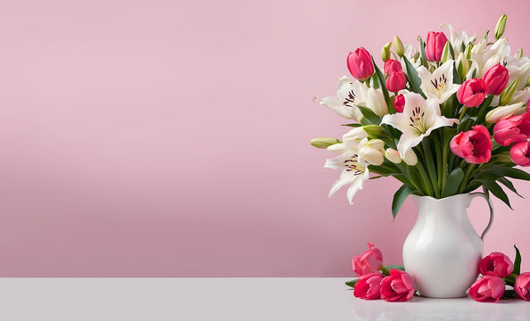 Un bouquet de fleurs avec des tulipes roses et des lys blancs pour la f&ecirc;te des m&egrave;res dans un vase sur un fond uni rose