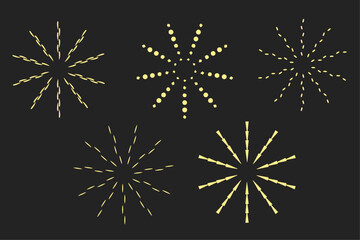 Sunburst vintage retro radial stripes element. Sunburst sunset icon. Set of brutalism figure shapes, minimalist geometric elements, star flower, fireworks frame design. Thin linear sun rays.