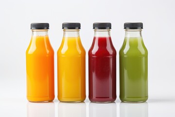 Colorful refreshing fruit juice smoothies in isolated bottles on a white background