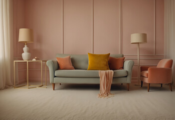 A cozy living room featuring a modern grey sofa adorned with colorful pillows, a stylish pink armchair, elegant side tables, and chic lamps against a soft pink wall.