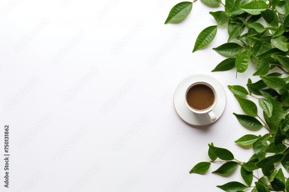 Poster white empty background with green leaf and coffee in the right part. with space for text, inscriptio