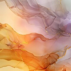 A natural luxury abstract fluid art piece crafted with alcohol ink technique. Soft and whimsical wallpaper adorned with transparent waves and golden swirls, suitable for posters.
