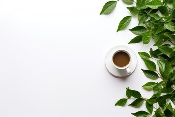 White empty background with green leaf and coffee in the right part. with space for text, inscriptions or graphics. View from above.