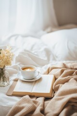 Inviting scene of a warm cup of coffee on a bed with soft linens and the gentle play of sunlight..