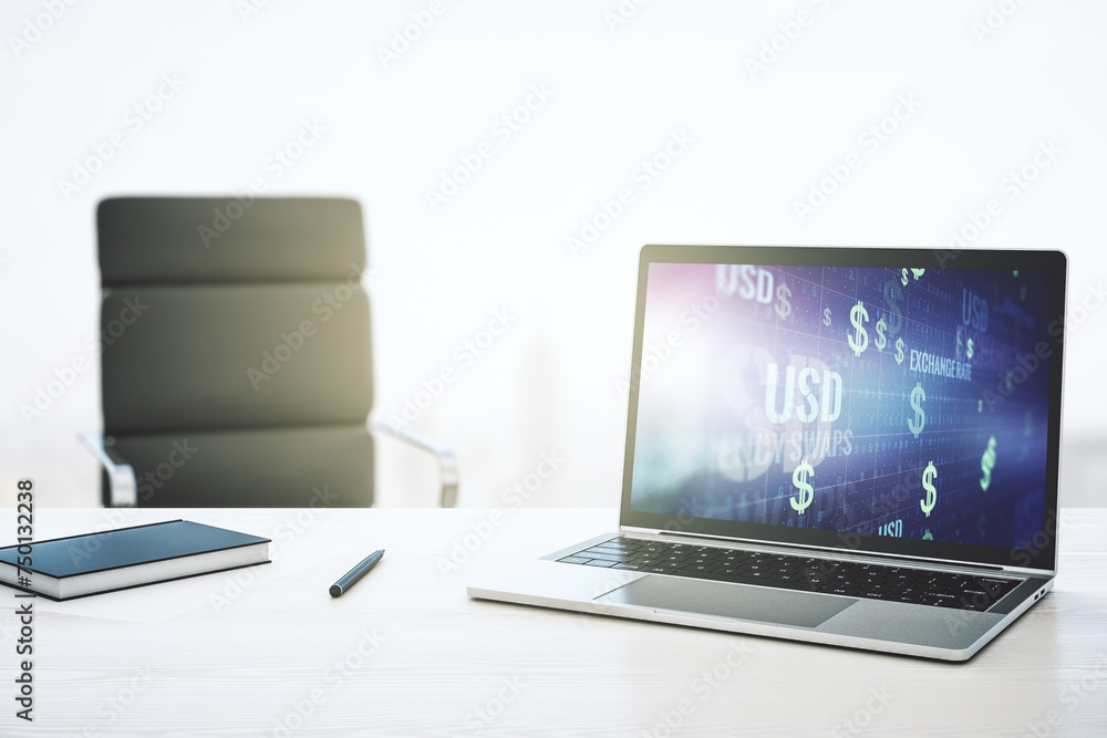 Poster modern computer monitor with creative usd symbols hologram. banking and investing concept. 3d render