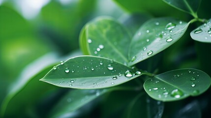 Eucalyptus leaves adorned with raindrops form a natural green backdrop.