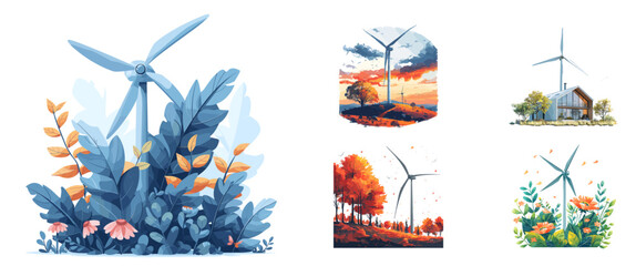 Wind turbine, renewable energy, green power clipart vector illustration set
