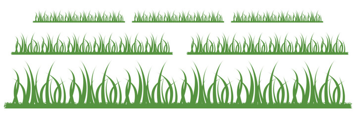 Green grass silhouette. Cartoon lines of plants and shrubs for boarding and framing, eco and organic logo element. Vector set spring bio field banner or fresh organic pasture.  white background.