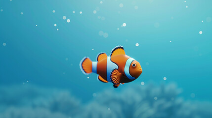 A captivating clownfish navigating through its surroundings, set against a solid turquoise blue backdrop.