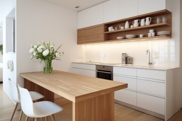 Fototapeta na wymiar Small, bright, contemporary kitchen with white cabinets and wooden accents bathed in natural sunlight