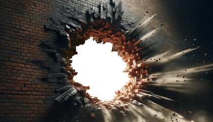 Brick wall with a large hole in the middle. Concept of breaking through and revealing. PNG Transparent - obrazy, fototapety, plakaty