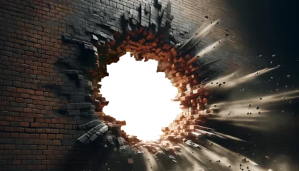 Fotobehang Brick wall with a large hole in the middle. Concept of breaking through and revealing. PNG Transparent © apisit