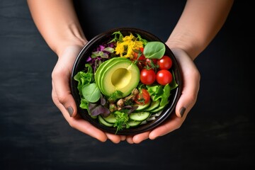 woman's hands holding a bowl with salad with tomatoes, chicken, avocado, green leaves. top view.