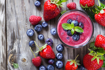 A vibrant strawberries and blueberries creates a colorful and nutritious smoothie