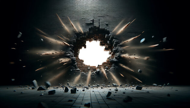 Brick wall with a large hole in the middle. Concept of breaking through and revealing. PNG Transparent