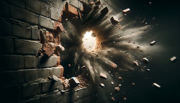 Brick wall explode with debris dust and smoke