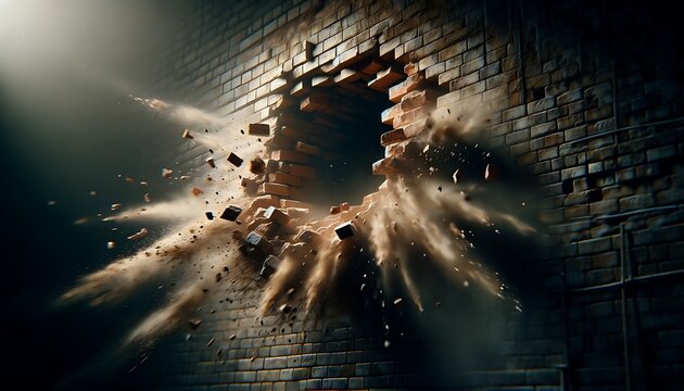 Brick wall explode with debris dust and smoke