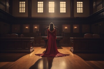 Young women in red in an empty courtroom or courtroom