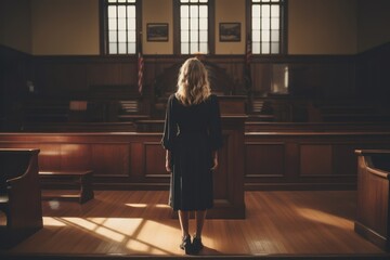 Young women with traditional courtroom backgrounds. The background shows the judge's bench, witness stand, and jury box