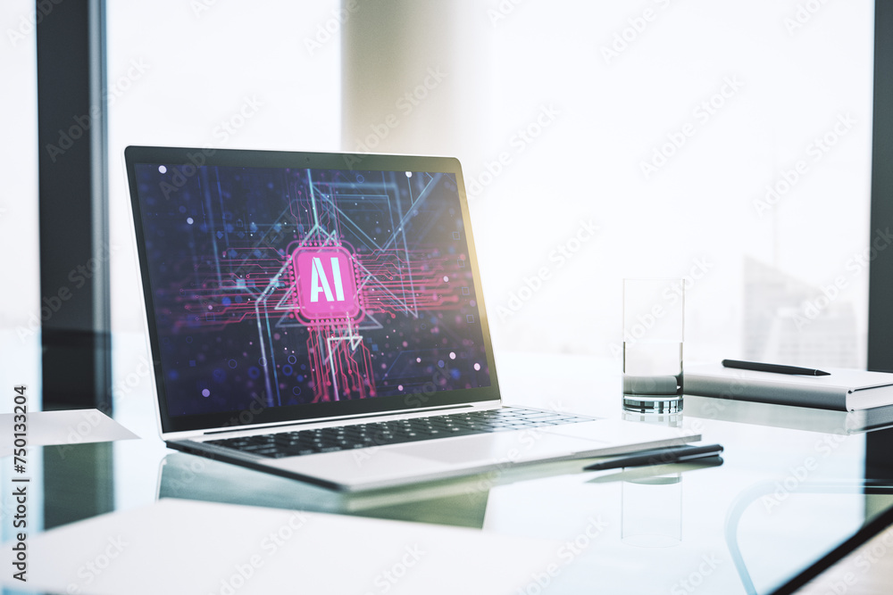 Poster Creative artificial Intelligence symbol concept on modern computer monitor. 3D Rendering