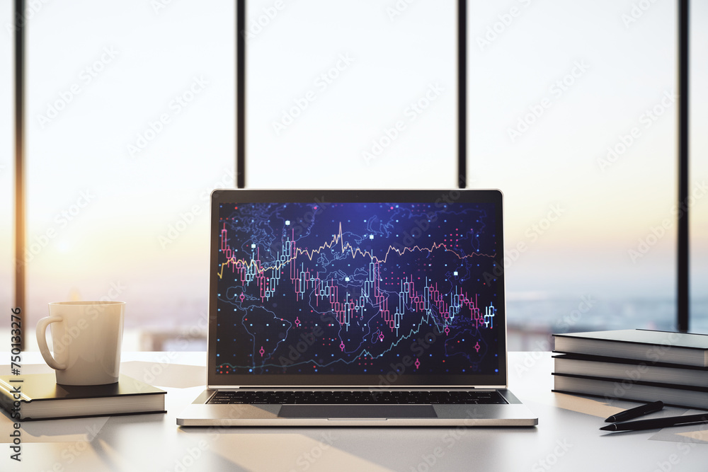 Poster Computer monitor with abstract financial graph, finance and trading concept. 3D Rendering