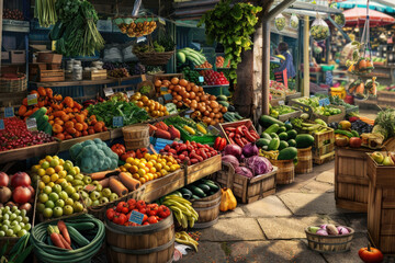 Fototapeta na wymiar Summer market scene with colorful array of fresh produce