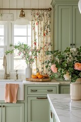 A bright and airy vintage-inspired kitchen featuring green cabinetry, hanging plants, and floral curtains with a sunlit dining area..