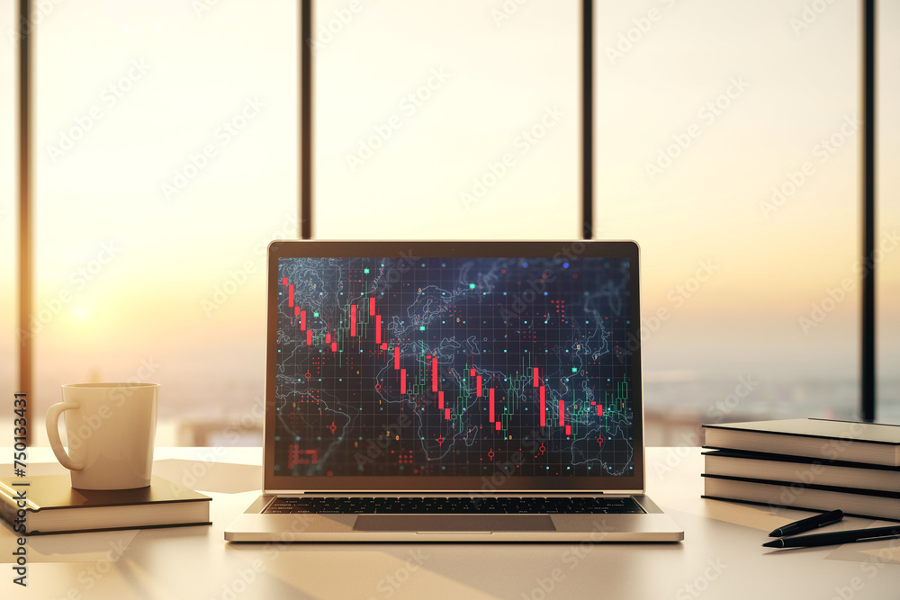 Poster modern computer monitor with creative abstract global crisis chart with world map hologram. financia