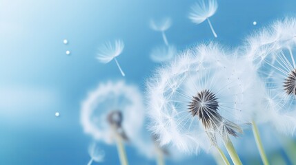 Fluffy dandelion seeds are depicted in extreme detail against a blue background in a captivating macro shot.