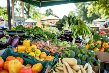 Summer market scene with colorful array of fresh produce