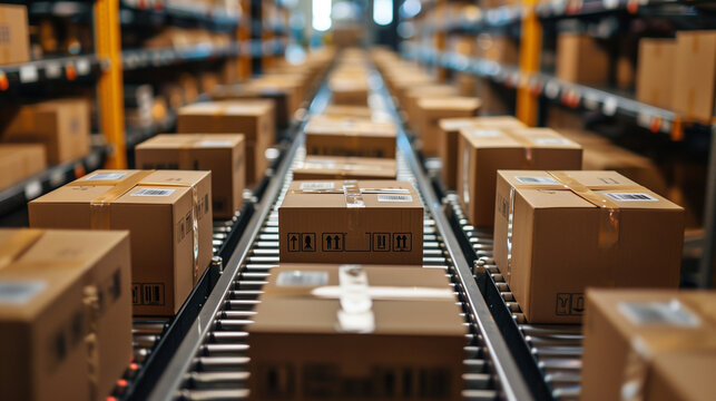 Conveyor belt in warehouse, possibly for dropshipping products.
