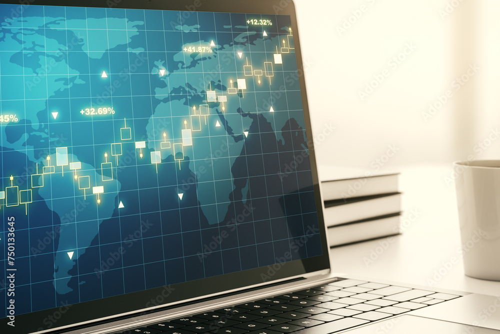 Aufkleber Computer monitor with abstract creative financial graph with world map, financial and trading concept. 3D Rendering