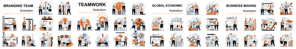 Poster mega set flat design concept teamwork, branding, economic, business making with people character sit