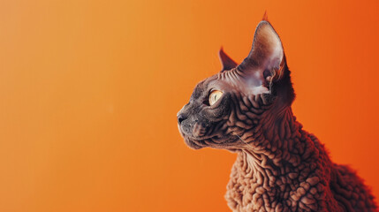 A charismatic Cornish Rex cat with curly fur, captured against a solid tangerine orange backdrop.