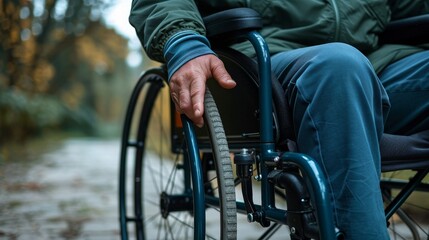 Obraz premium Close-up of an elderly hand on a wheelchair