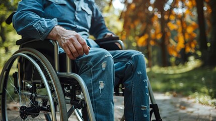 Obraz premium Close-up of an elderly hand on a wheelchair