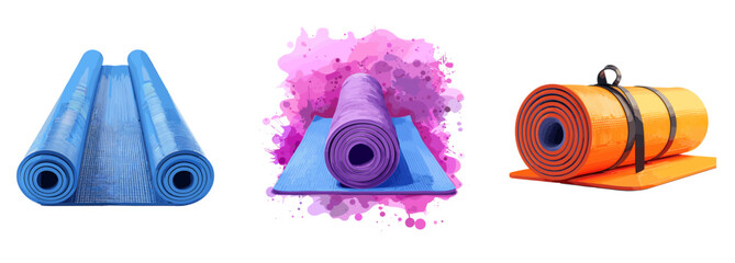 Yoga mat, fitness, practice clipart vector illustration set - obrazy, fototapety, plakaty