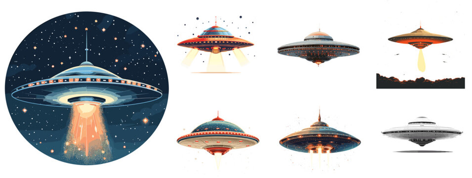 UFO, unidentified flying object, alien spacecraft clipart vector illustration set