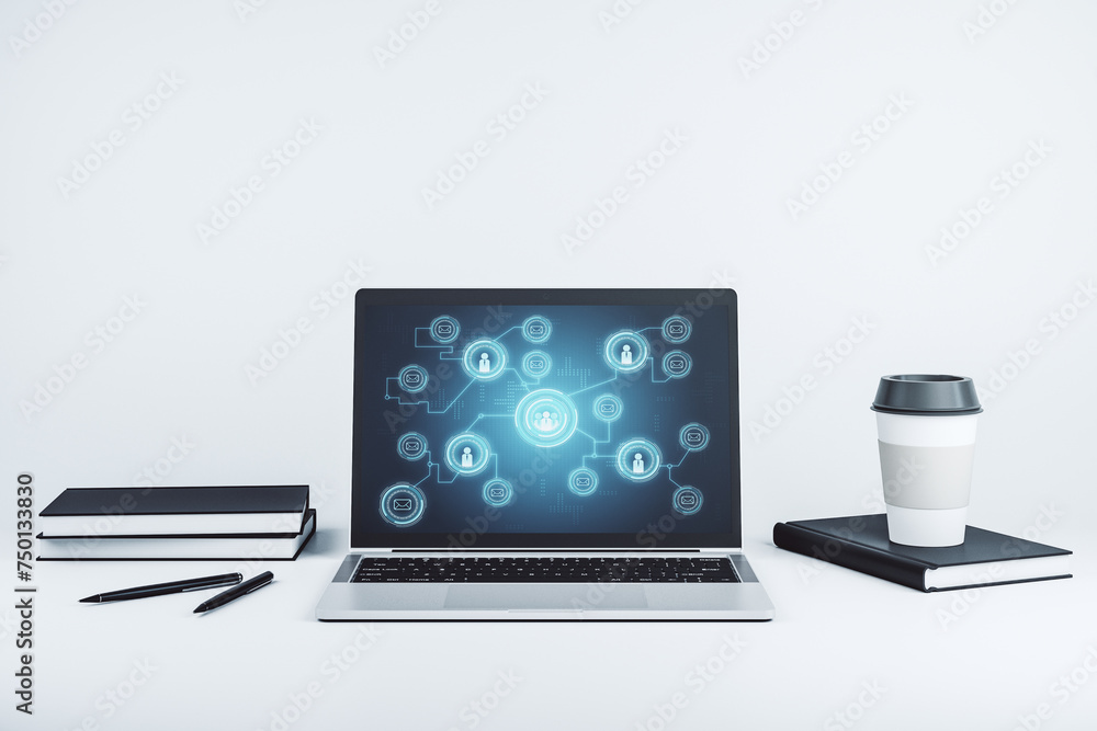Aufkleber Modern computer monitor with social network icons concept. Marketing and promotion concept. 3D Rendering