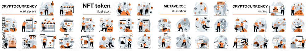 Wall mural mega set flat design concept cryptocurrency mining and marketplace, nft token, metaverse with people