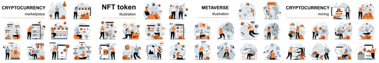 Mega set flat design concept cryptocurrency mining and marketplace, NFT token, metaverse with people character situations. Bundle of different scenes. Collection vector illustrations. - obrazy, fototapety, plakaty