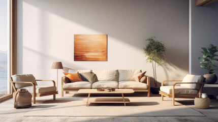 A modern living area featuring a sustainable couch, chairs and ottoman crafted from organic elements