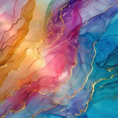 A luxurious natural abstract fluid art masterpiece achieved through the alcohol ink technique. This tender and dreamy wallpaper displays transparent waves and golden swirls, making it a perfect choice